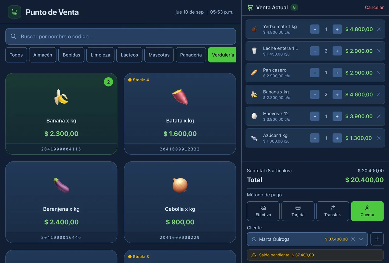 La pantalla de ventas del punto de venta de meltolify pos: la grilla de productos filtrada por categoría, cada uno con su emoji, su precio y su código de barras, y a la derecha la venta en curso con sus productos, el total, los medios de pago con la cuenta corriente elegida y la clienta asignada con su saldo pendiente